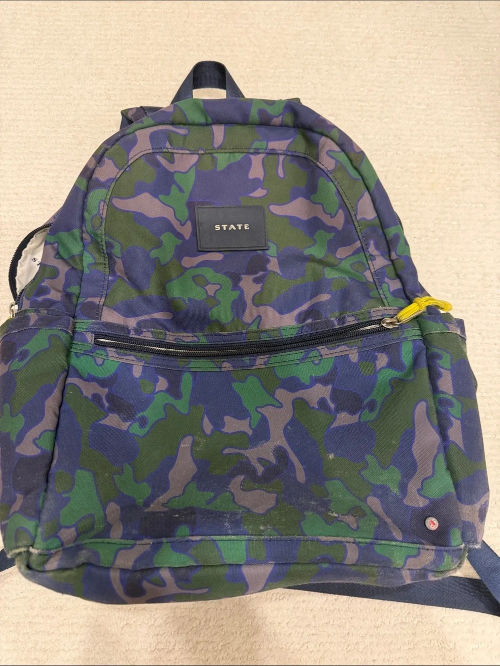 STATE Kane Kids Backpack in Blue and Green Camo with Yellow Accents